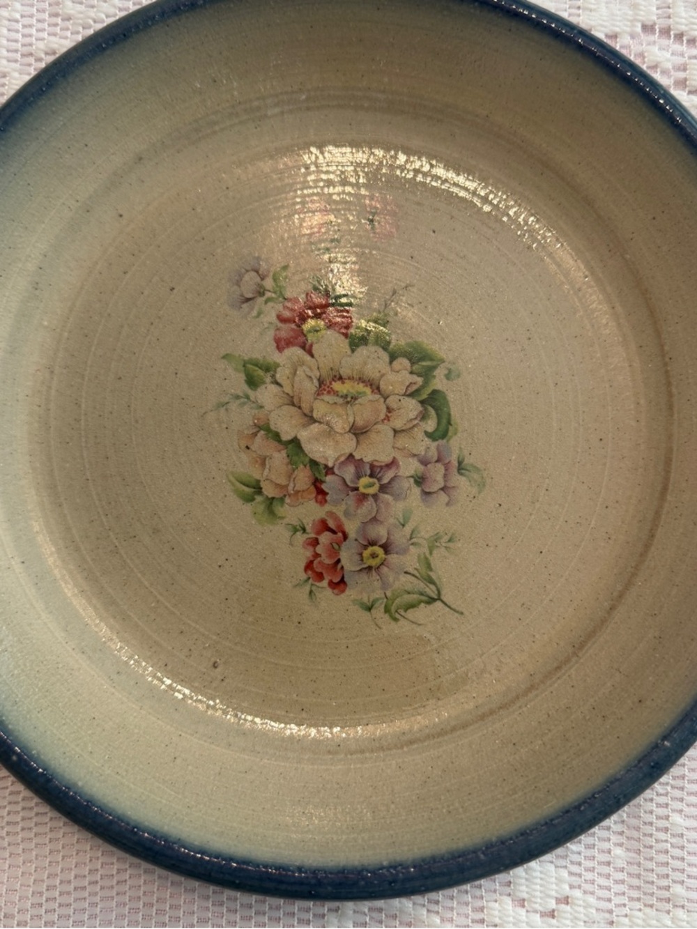 Vintage Monroe Salt Works Floral Stoneware Plate, Maine Pottery Blue Rim Dish